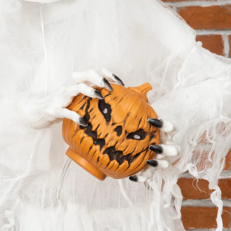 74 Inch Halloween Decorations White Witch Holding Pumpkin Head, Standing Skeleton Ghost Prop Life Size with Light Up Eyes and Body