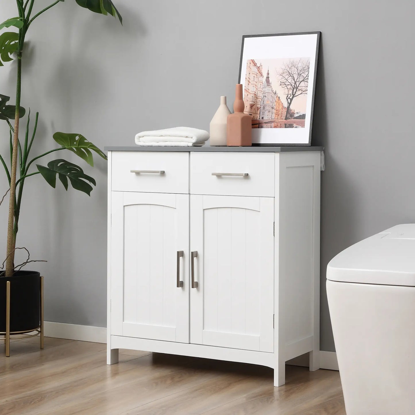 Freestanding White Bathroom Cabinet, Storage Cupboard with 2 Drawers