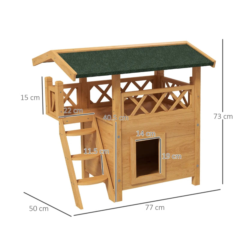 Cat House Outdoor w/ Balcony Stairs Roof, 77 x 50 x 73 cm, Natural Wood Finish