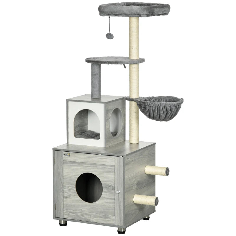 Enclosed Cat Litter Box with Cat House, Cat Bed, Scratching Posts, Platforms, for Indoor Cats - Grey