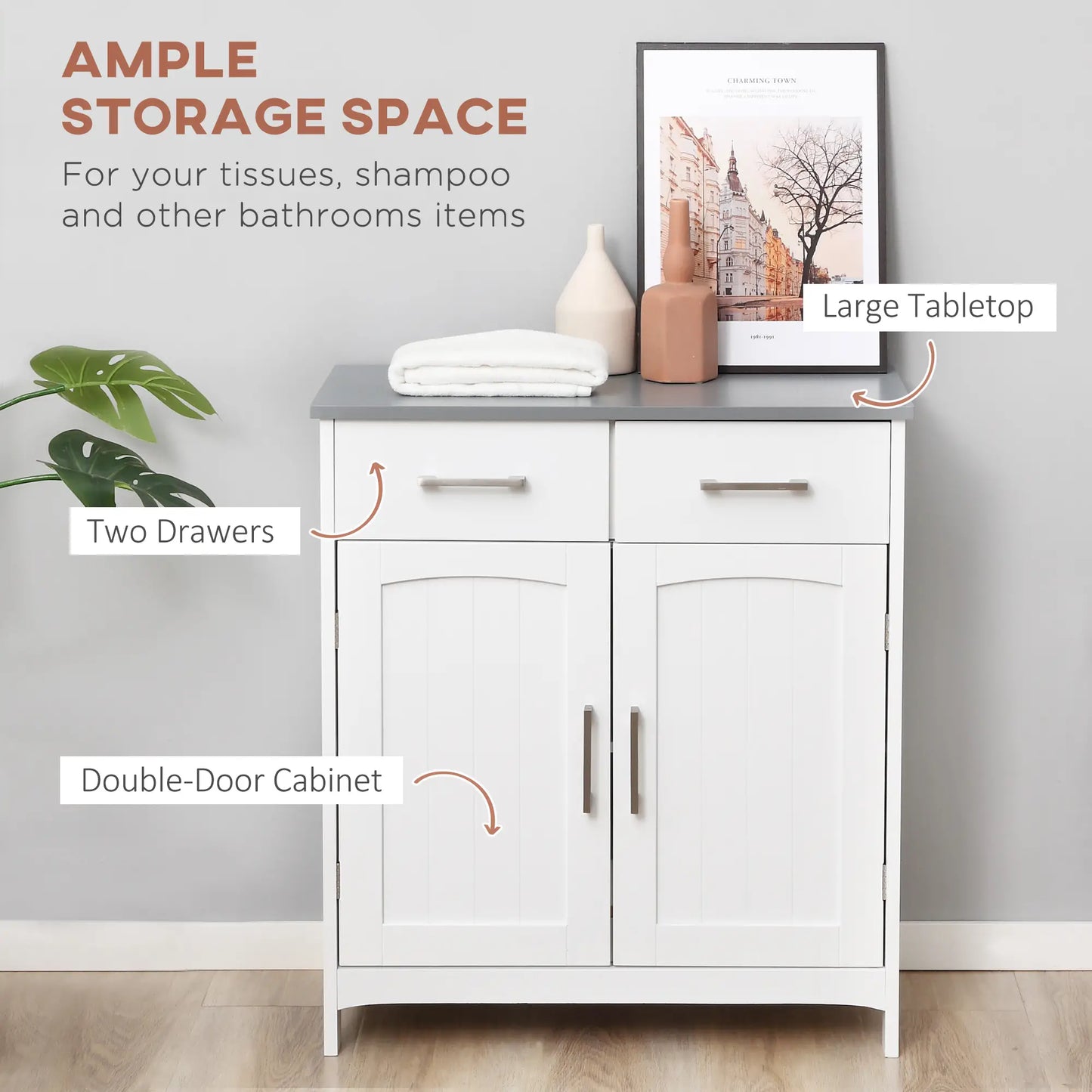Freestanding White Bathroom Cabinet, Storage Cupboard with 2 Drawers