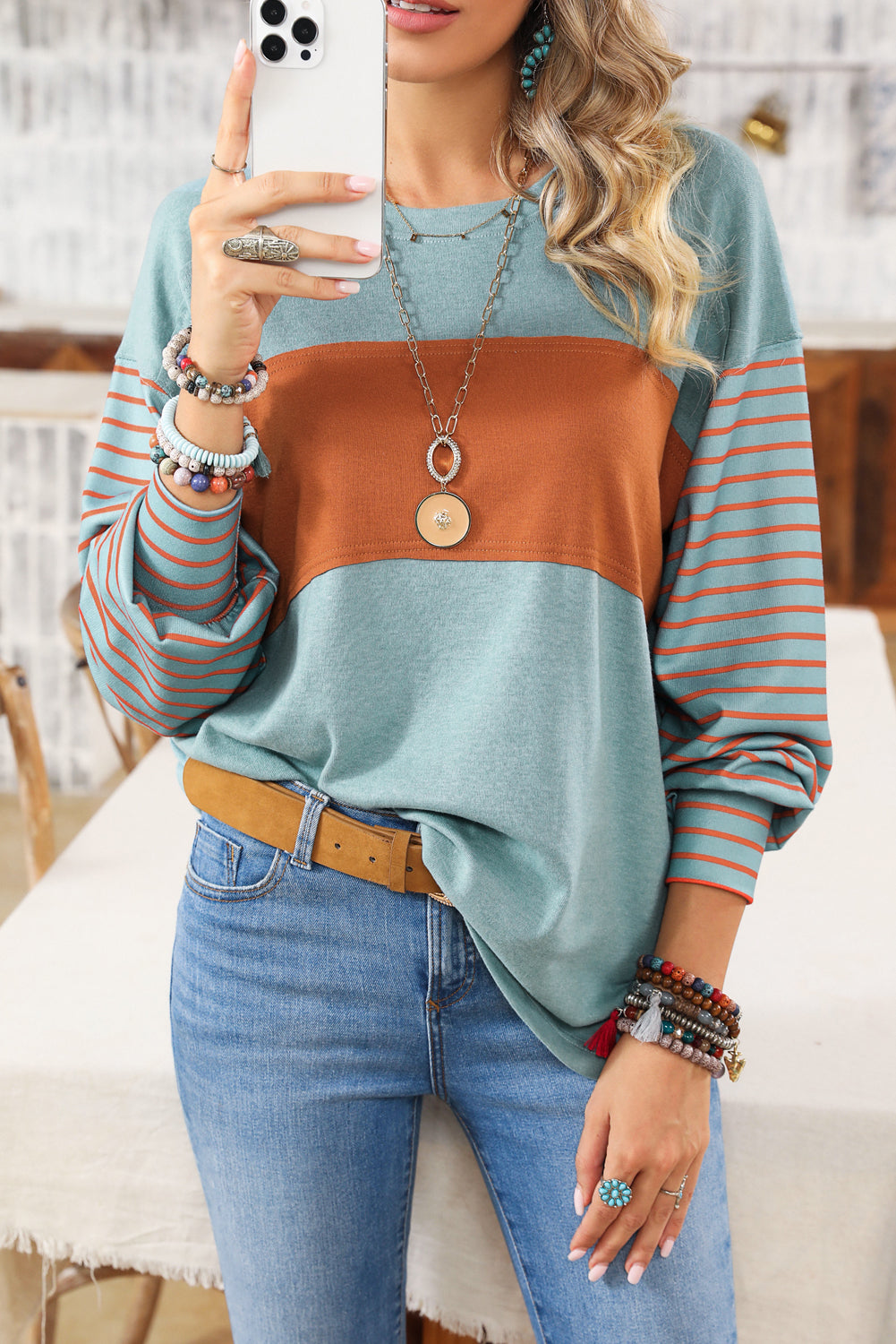 Colorblock Striped Bishop Sleeve Top