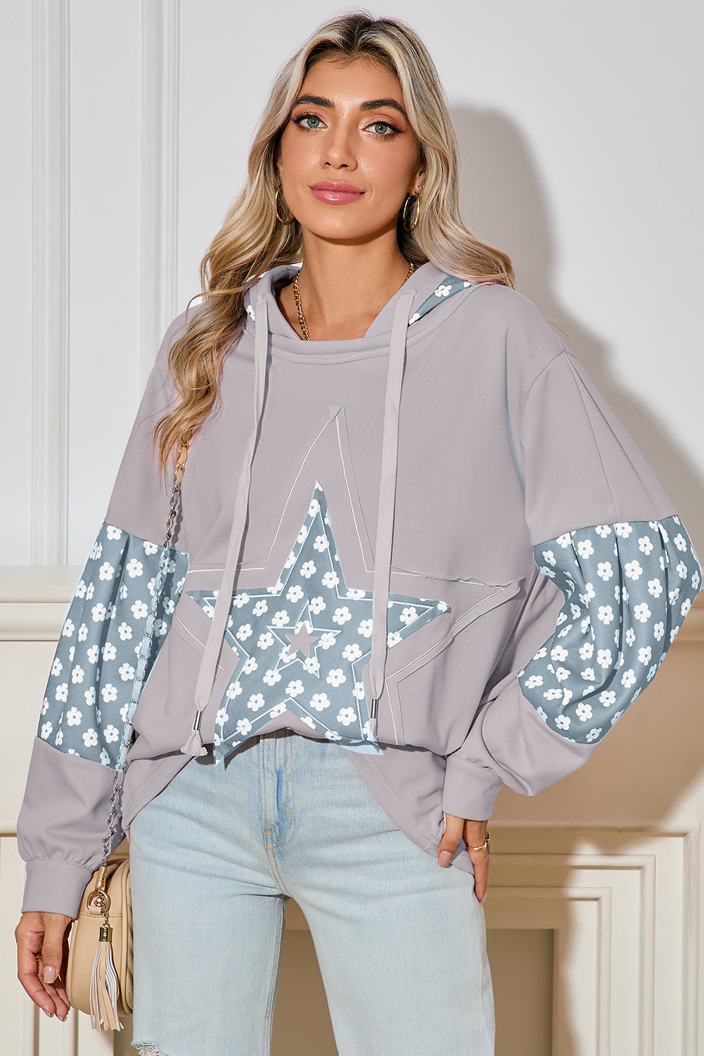 Floral Patchwork Star Pattern Drawstring Hoodie