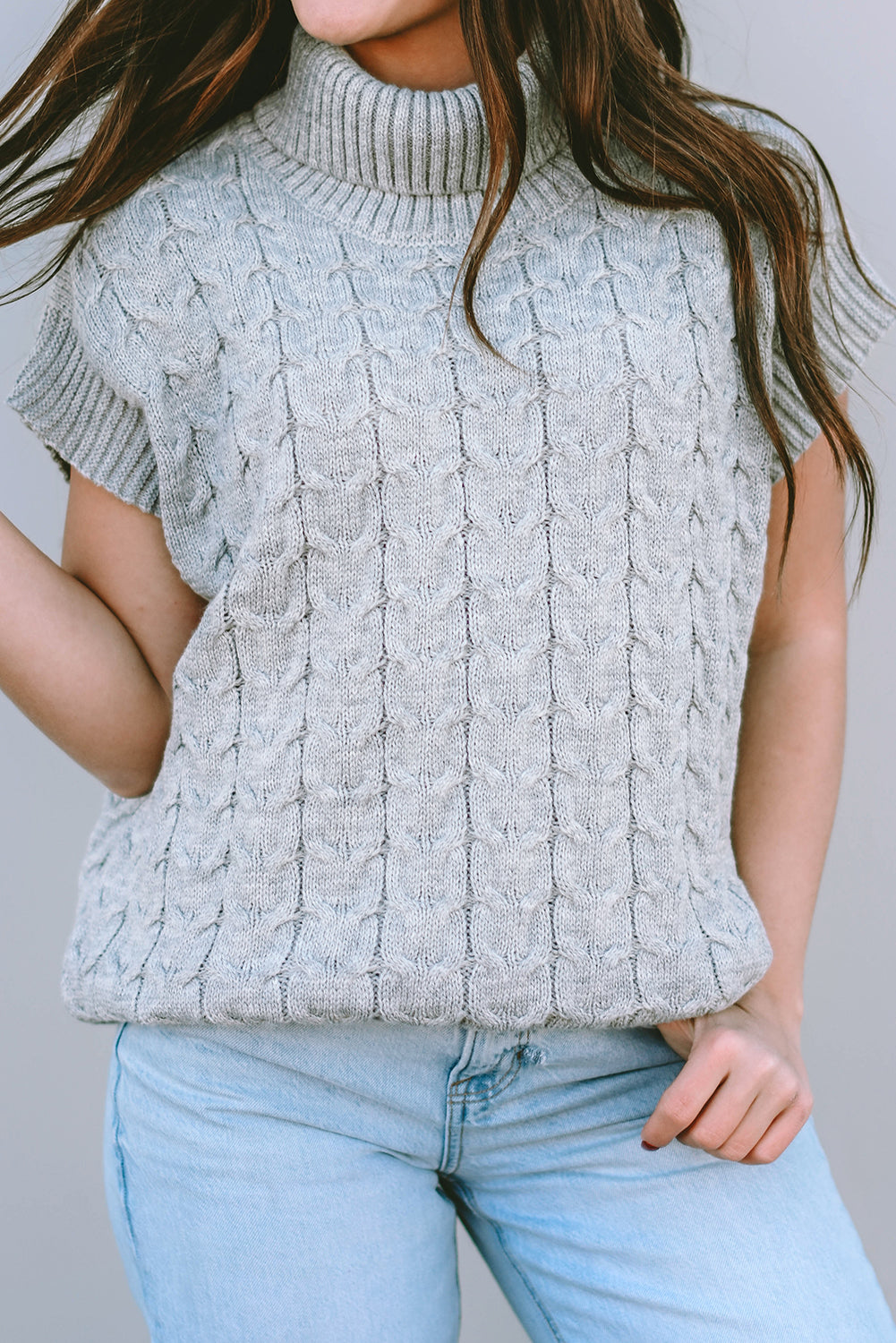 Medium Grey Cable Knit Turtleneck Short Dolman Sleeve Sweater