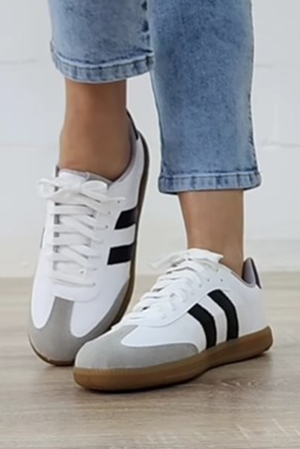 White Striped Lace Up Flat Sneakers