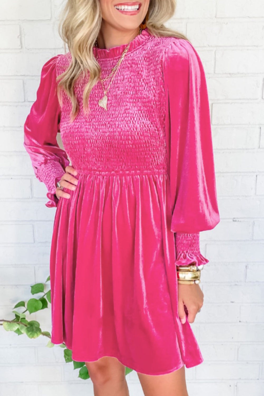 Smocked Lantern Sleeve Frilled Velvet Dress