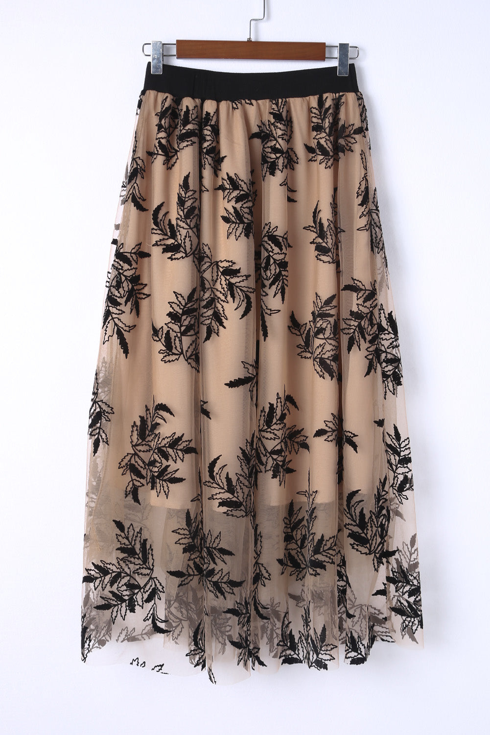 Peach Blossom Floral Leaves Embroidered High Waist Maxi Skirt