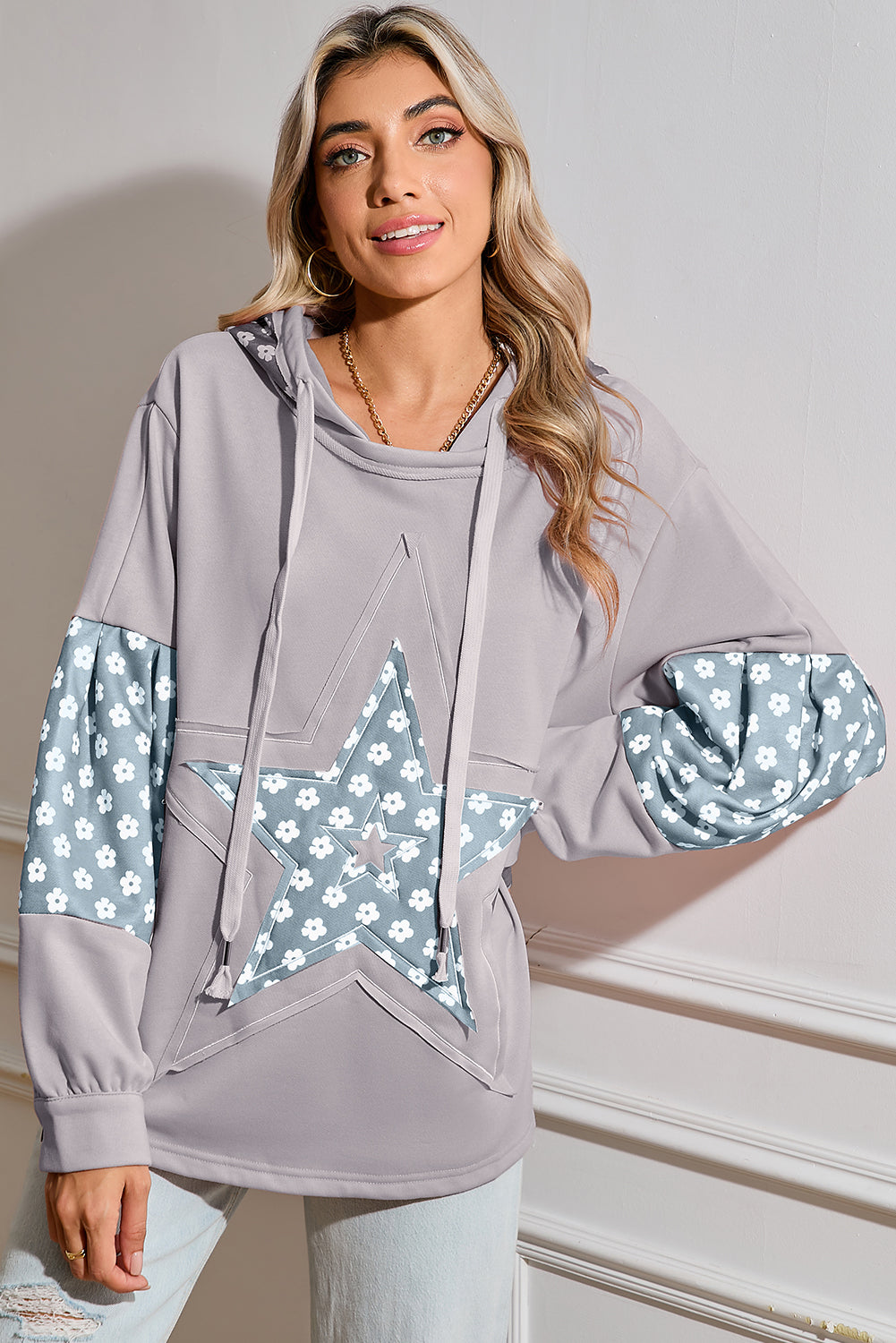 Floral Patchwork Star Pattern Drawstring Hoodie