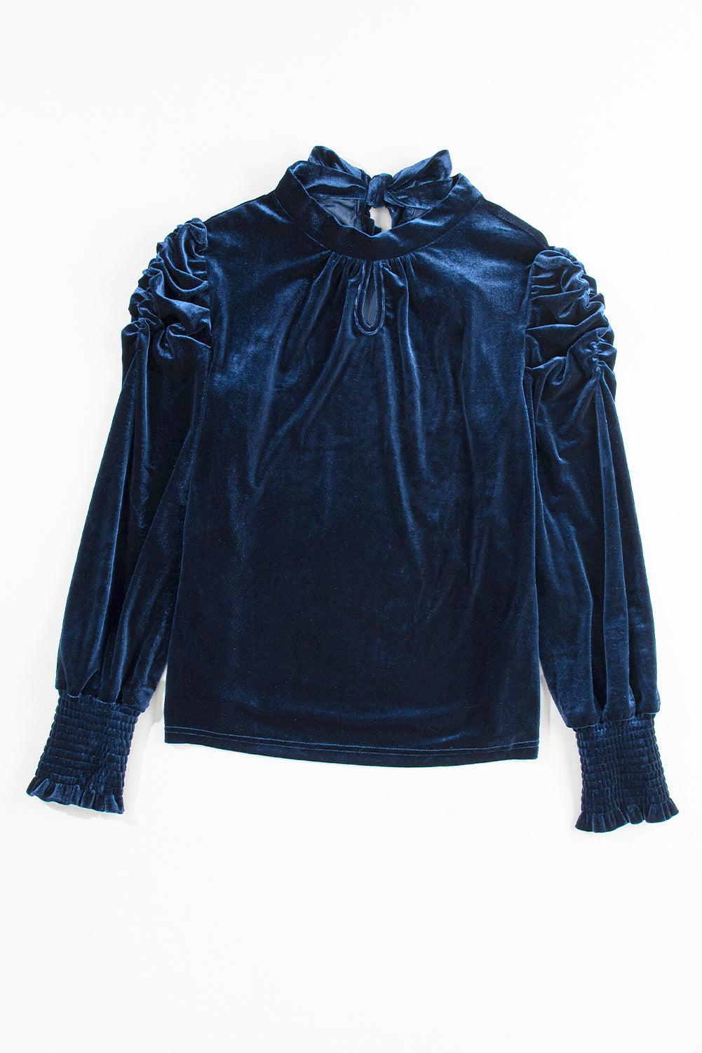 Mock Keyhole Neck Puff Sleeve Velvet Blouse