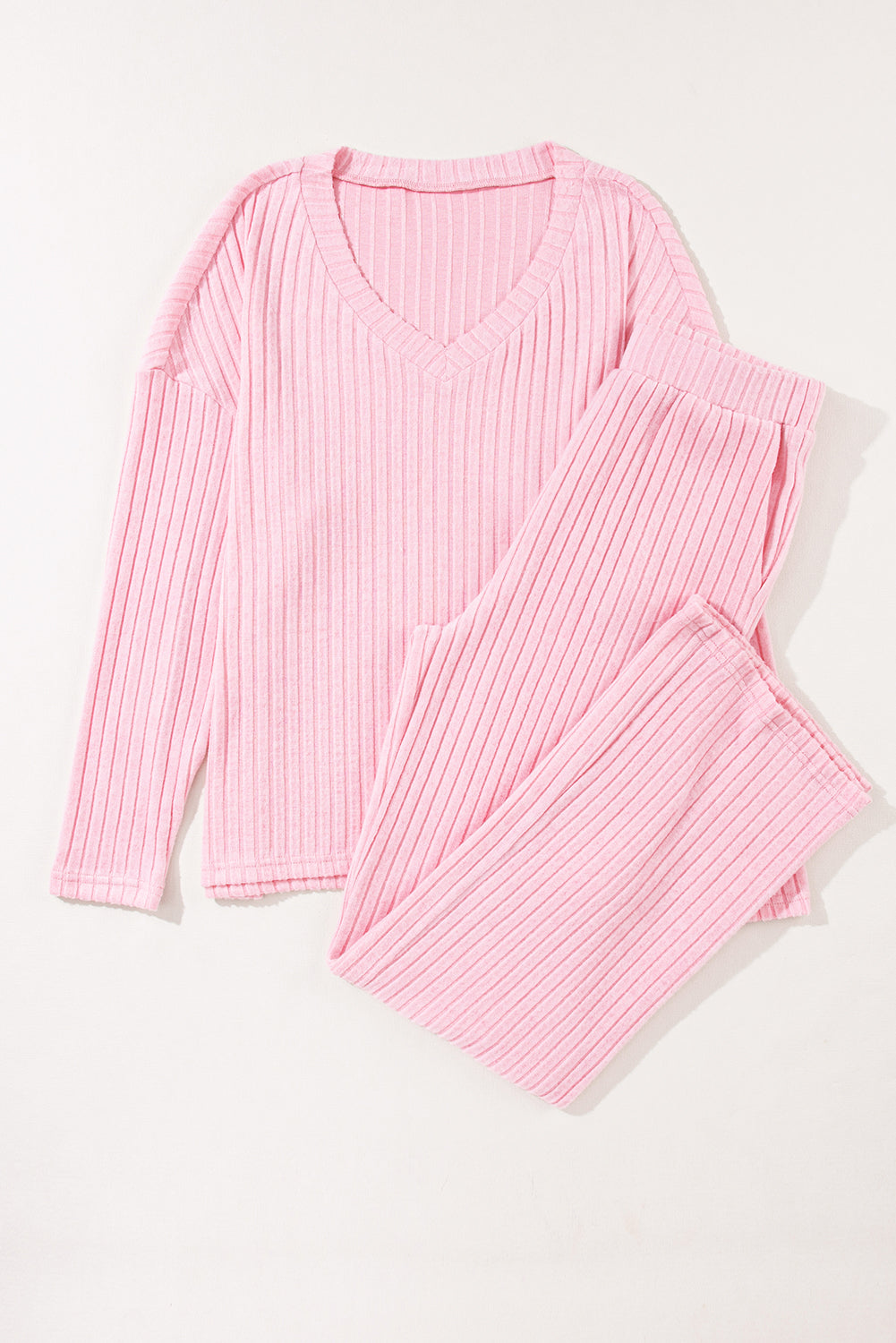 Slouchy Ribbed Knit V Neck Top & Pants Loungewear Set