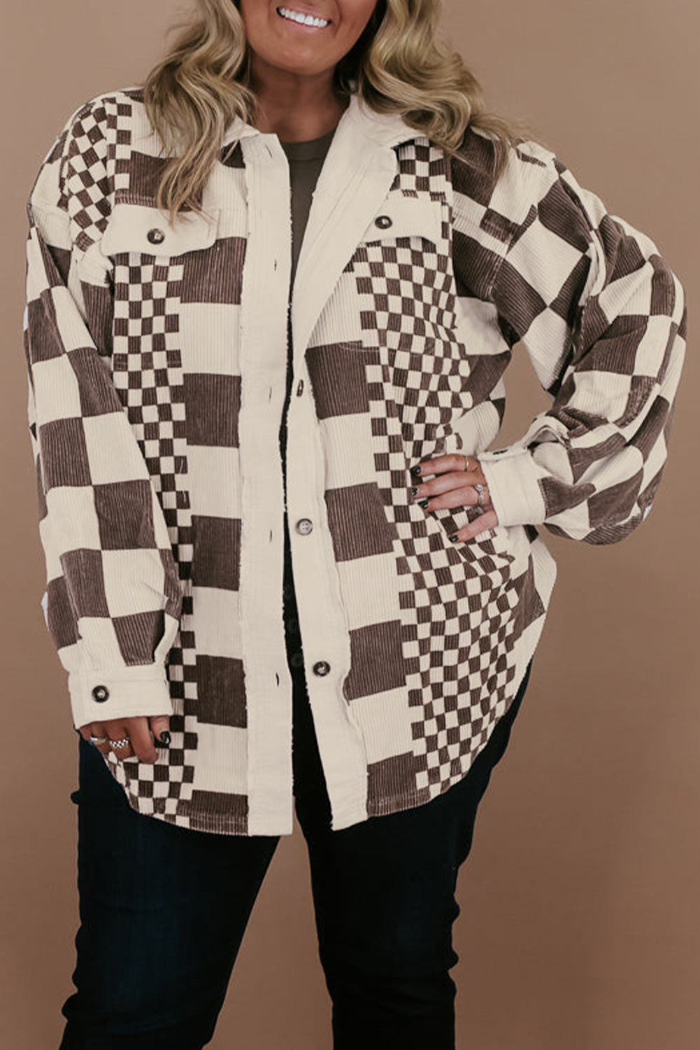 Brown Checkered Print Corduroy Plus Size Shacket