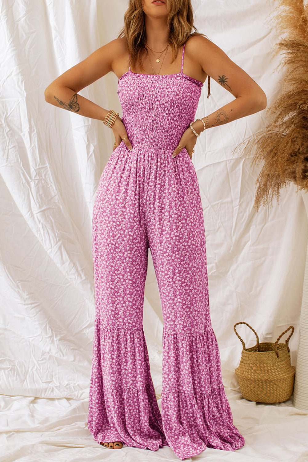 Floral Print Spaghetti Straps Smocked Wide Leg Jumpsuit