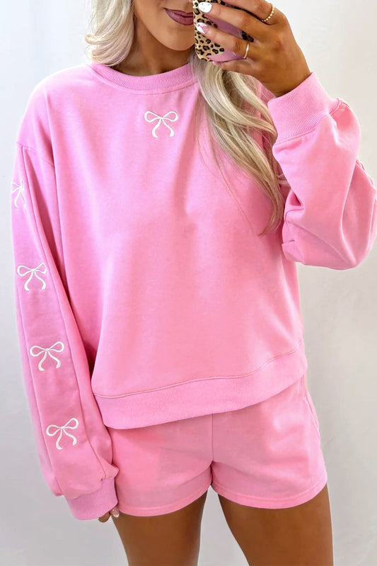 Bow Embroidery Long Sleeve Pullover and High Waist Shorts Set