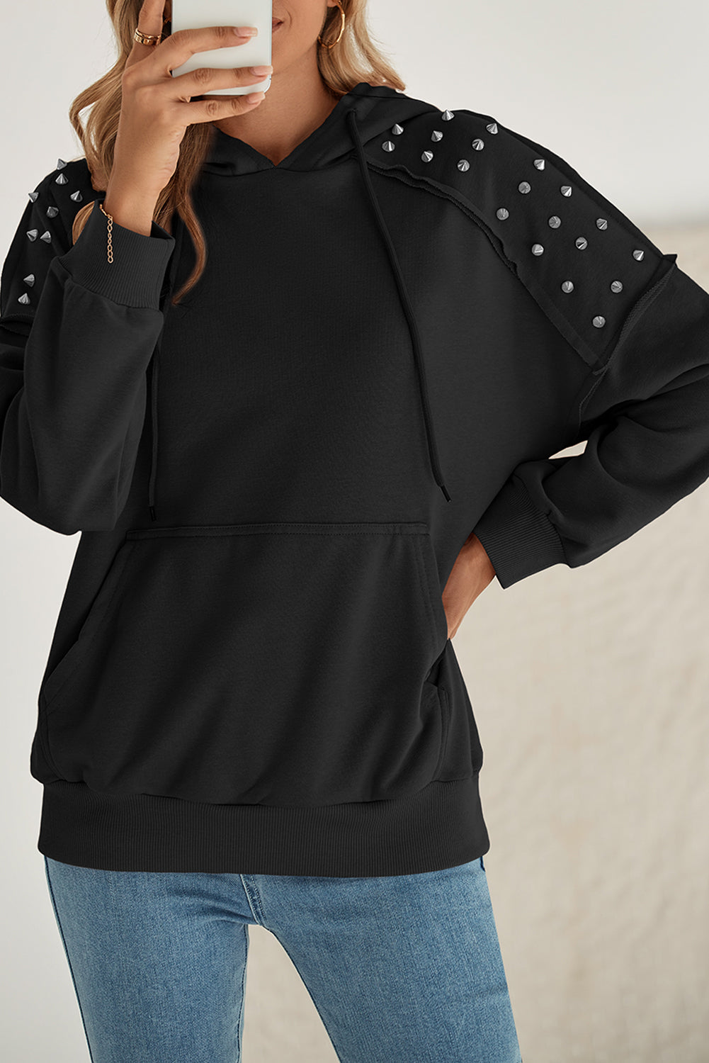 Stud Detail Kangaroo Pocket Hoodie