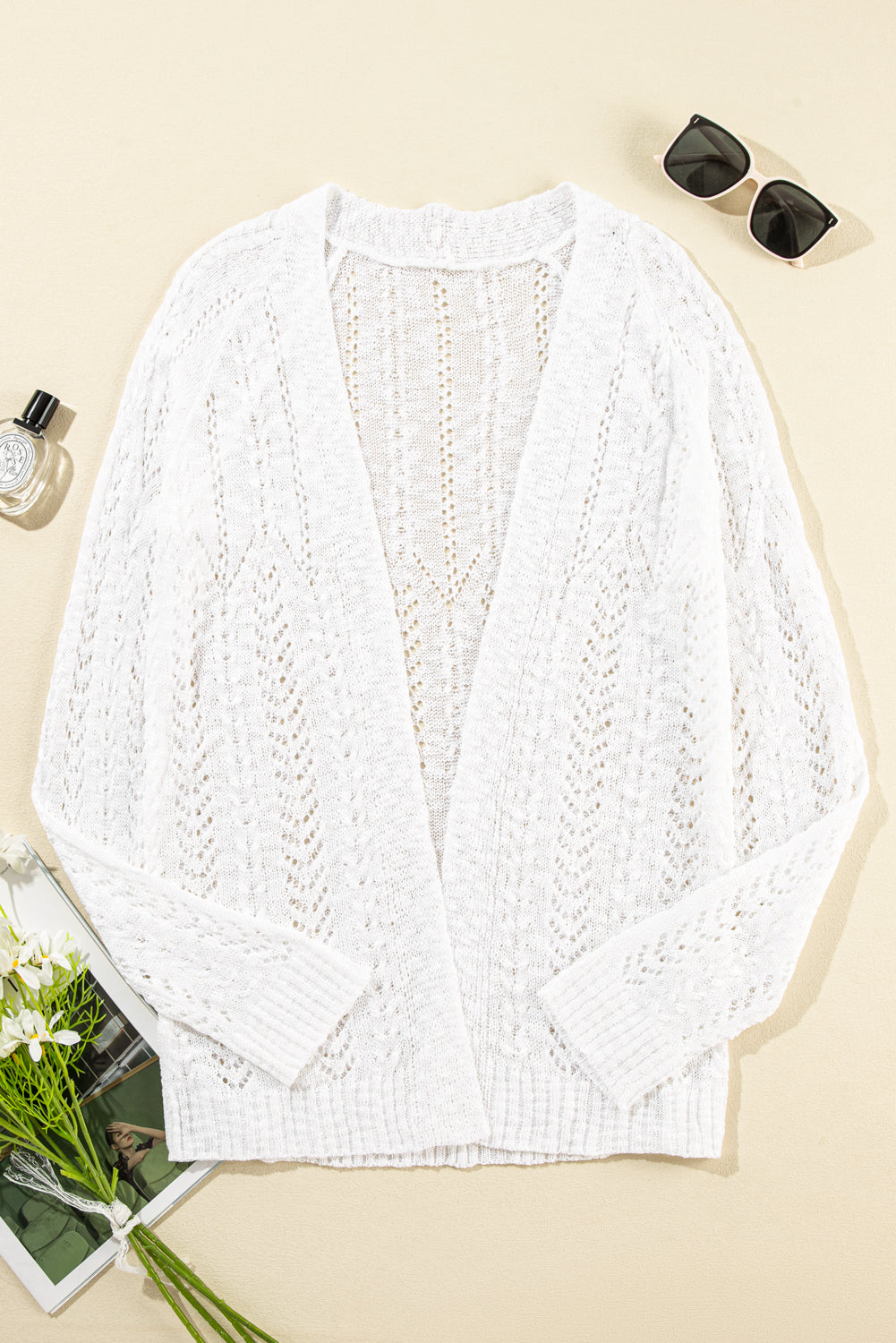 White Solid Colour Hollow Knit Open Front Cardigan