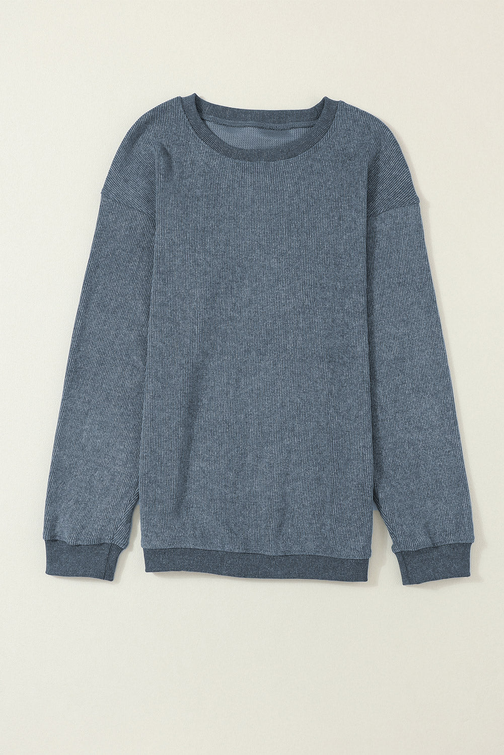 Solid Ribbed Round Neck Pullover Sweatshirt