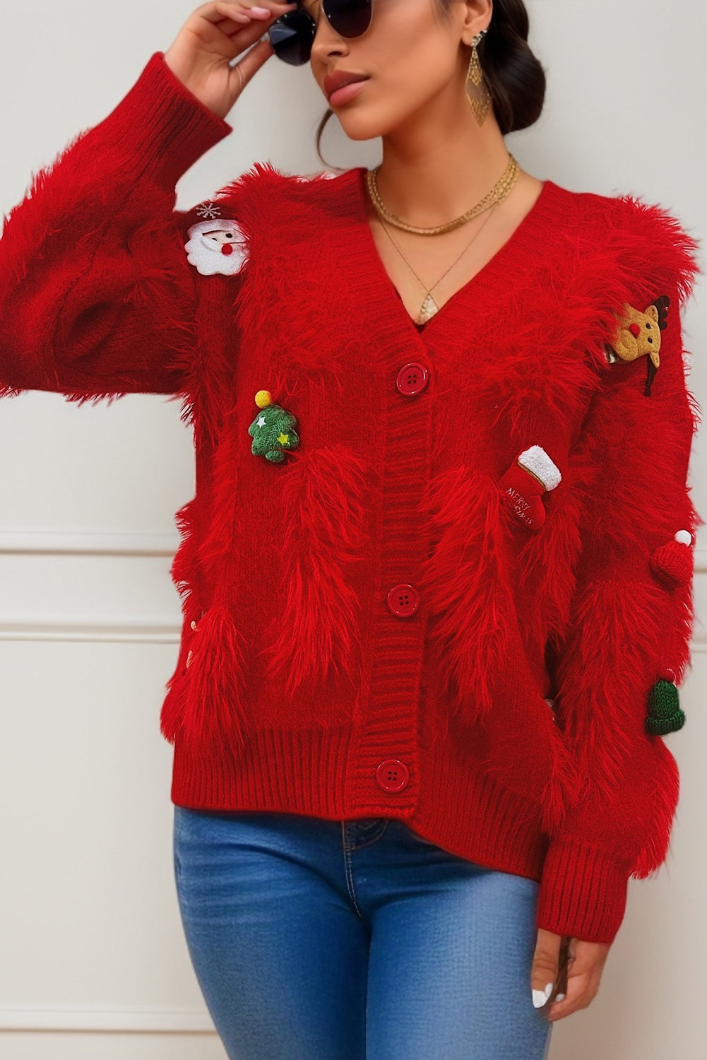 Tomato Red Faux Mink Christmas Single-Breasted Cardigan