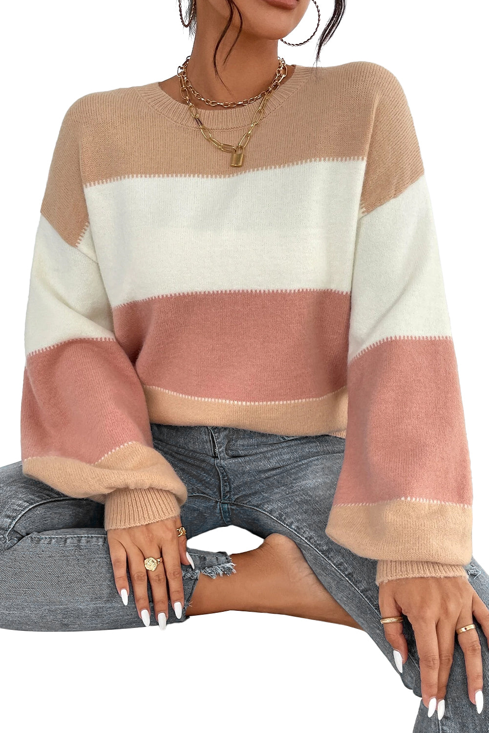 Dusty Pink Colour Block Lantern Sleeve Drop Shoulder Sweater