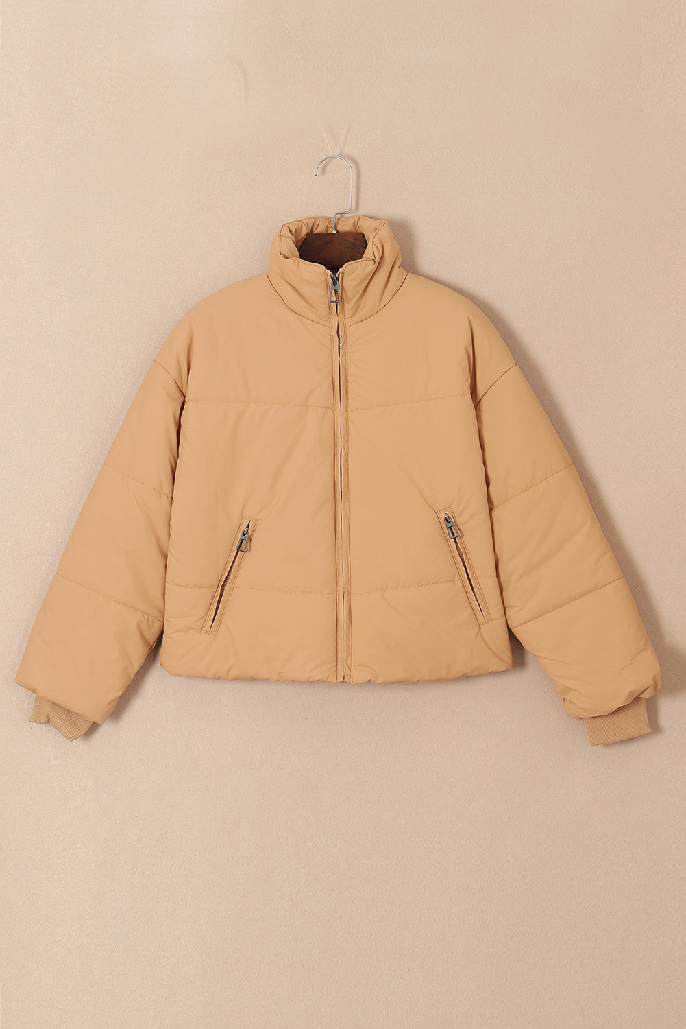 Solid Zip Up Pocketed Puffer Coat