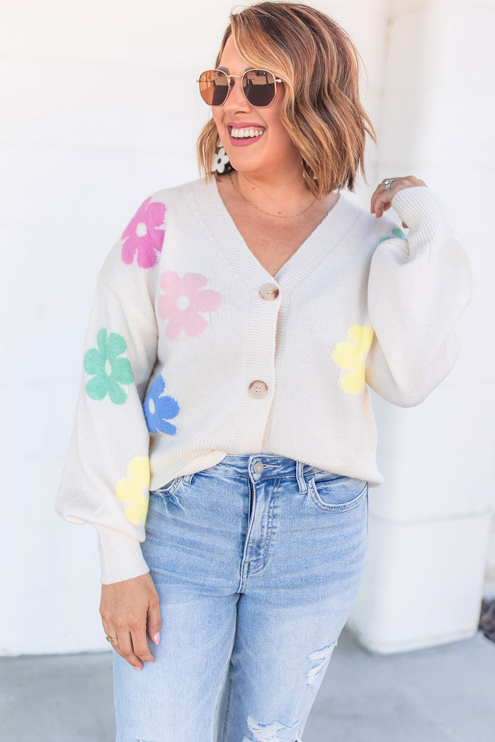 Beige Cute Flower V Neck Buttoned Plus Size Cardigan