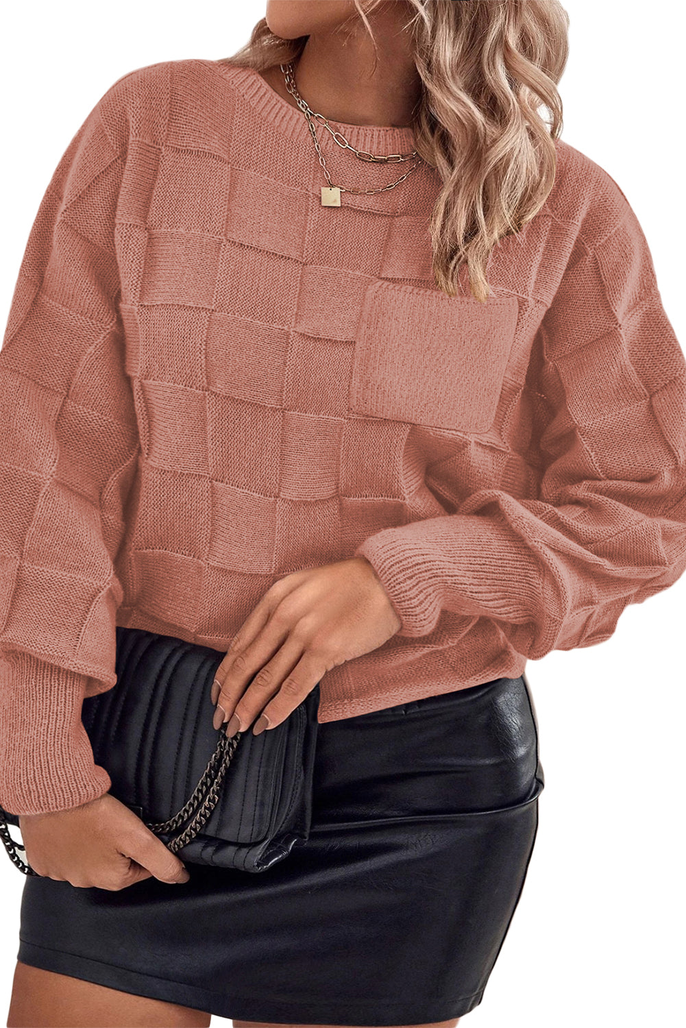 Solid Checkered Textured Knit Plus Size Sweater