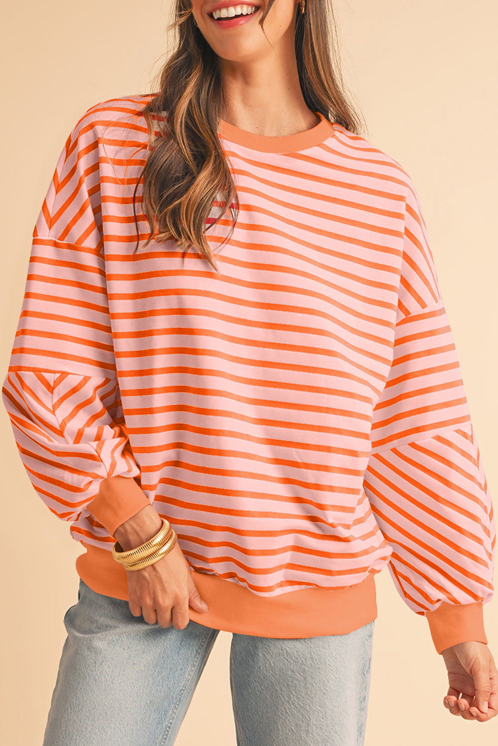 Blue Stripe Drop Shoulder Crew Neck Loose Sweatshirt