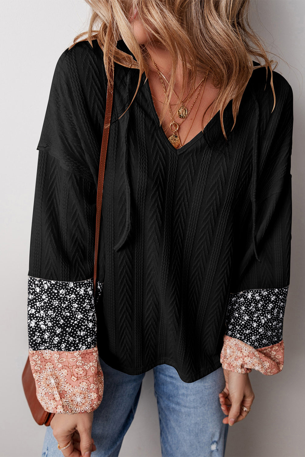 Floral Patchwork Textured Drawstring V Neck Top