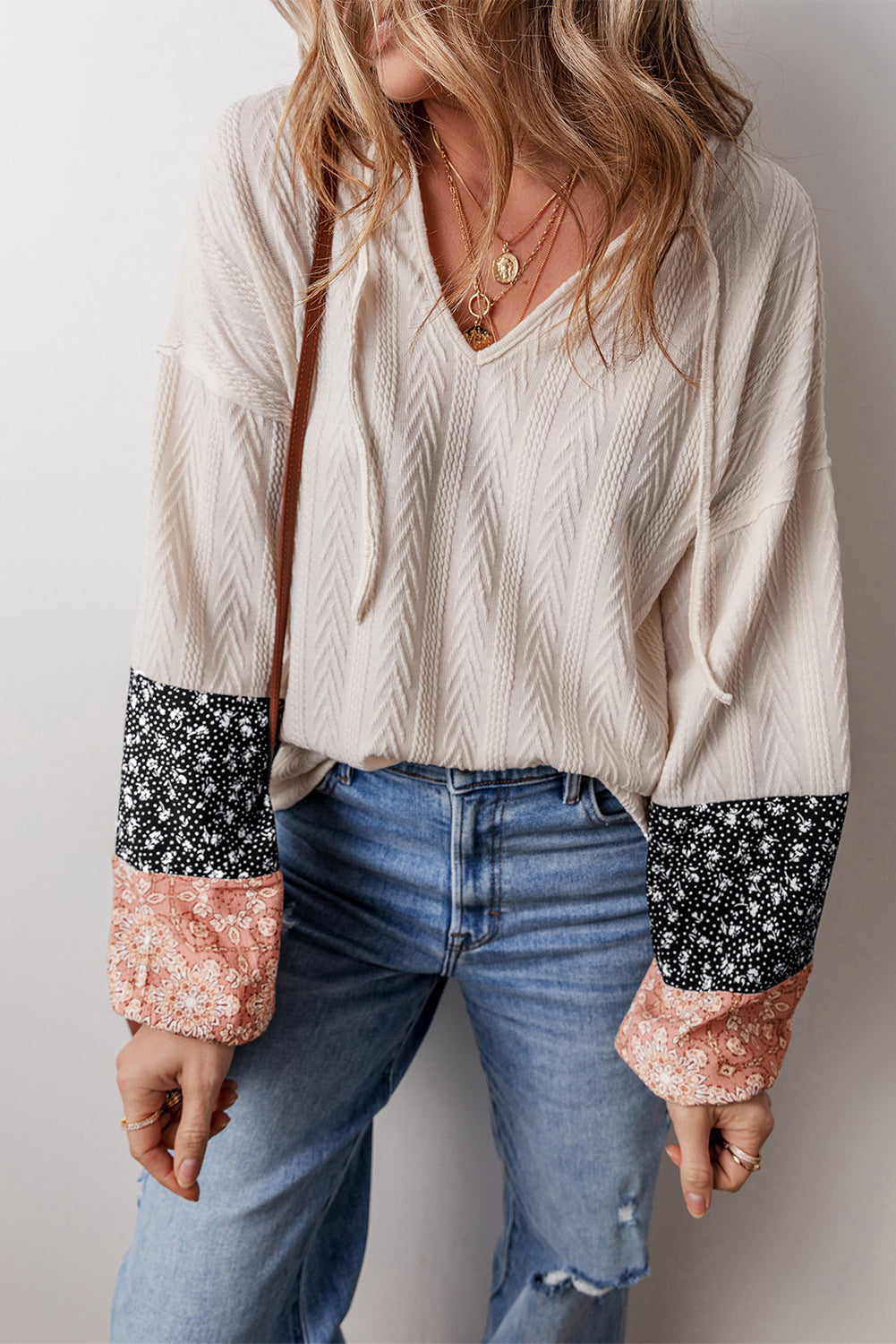 Floral Patchwork Textured Drawstring V Neck Top