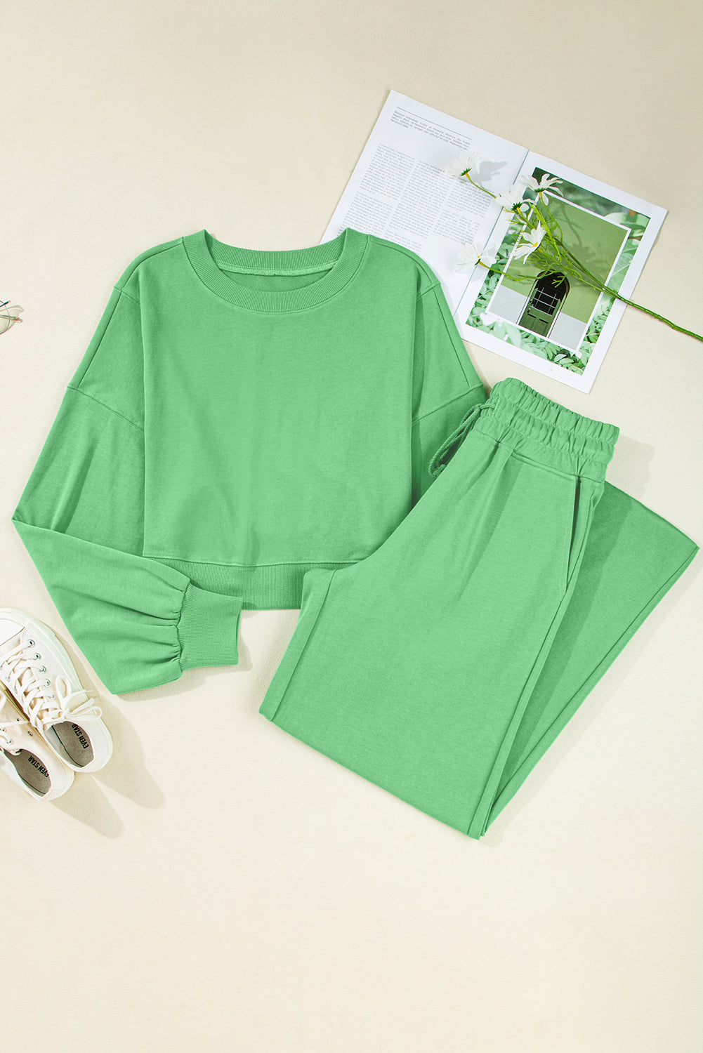 Drop Shoulder Crop Pullover Drawstring Wide Leg Trouser Set