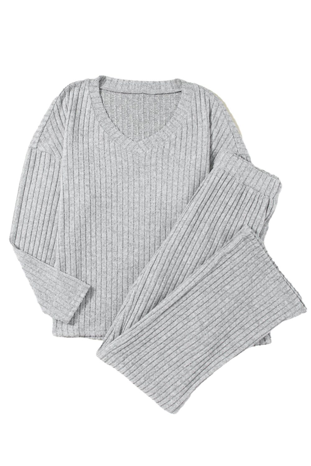 Slouchy Ribbed Knit V Neck Top & Pants Loungewear Set