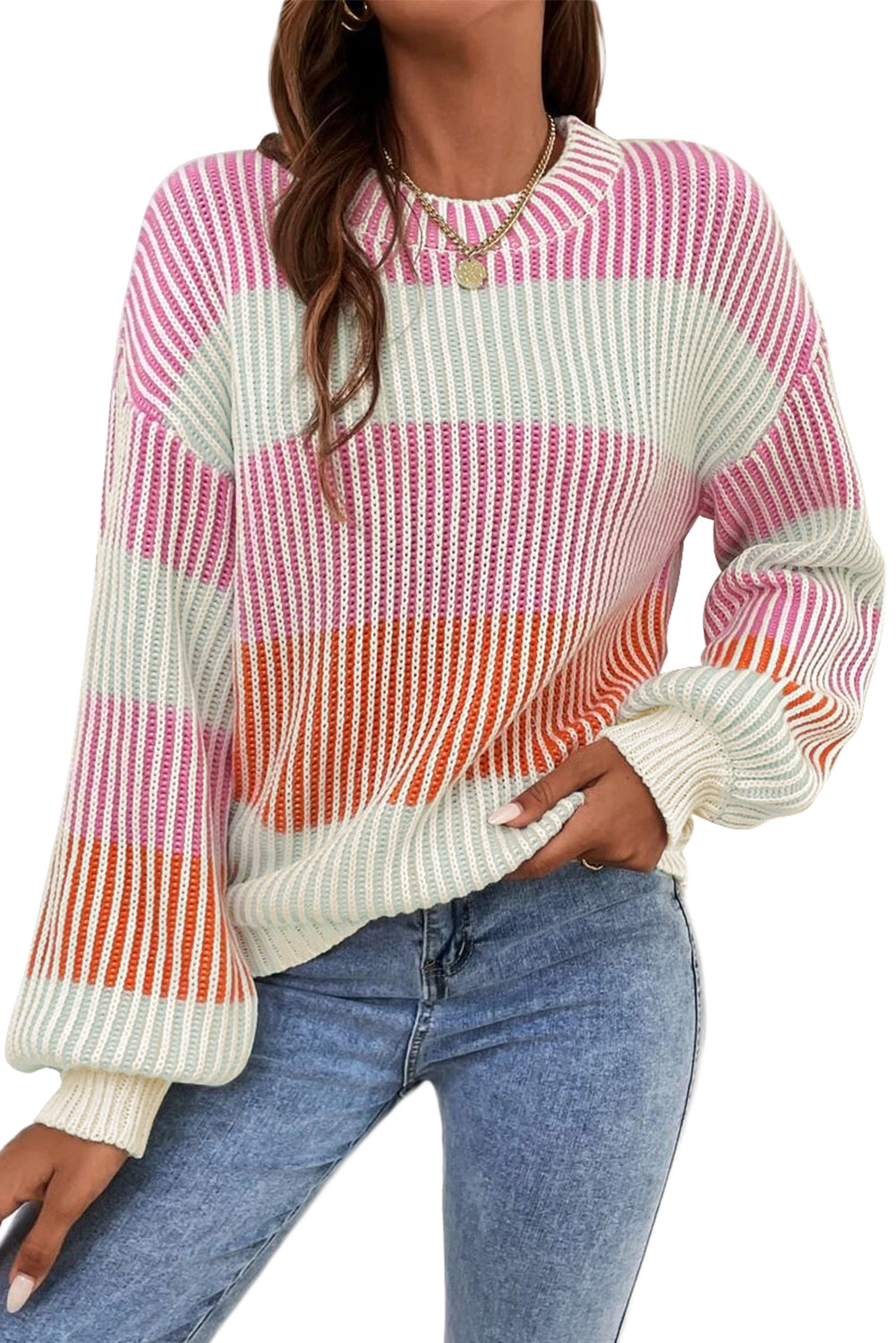 Multicolour Colour block Lantern Sleeve Knitted Sweater