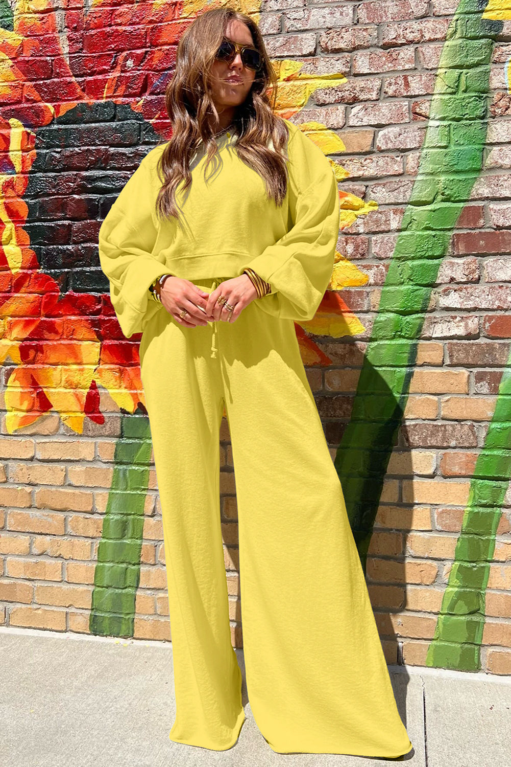 Drop Shoulder Crop Pullover Drawstring Wide Leg Trouser Set