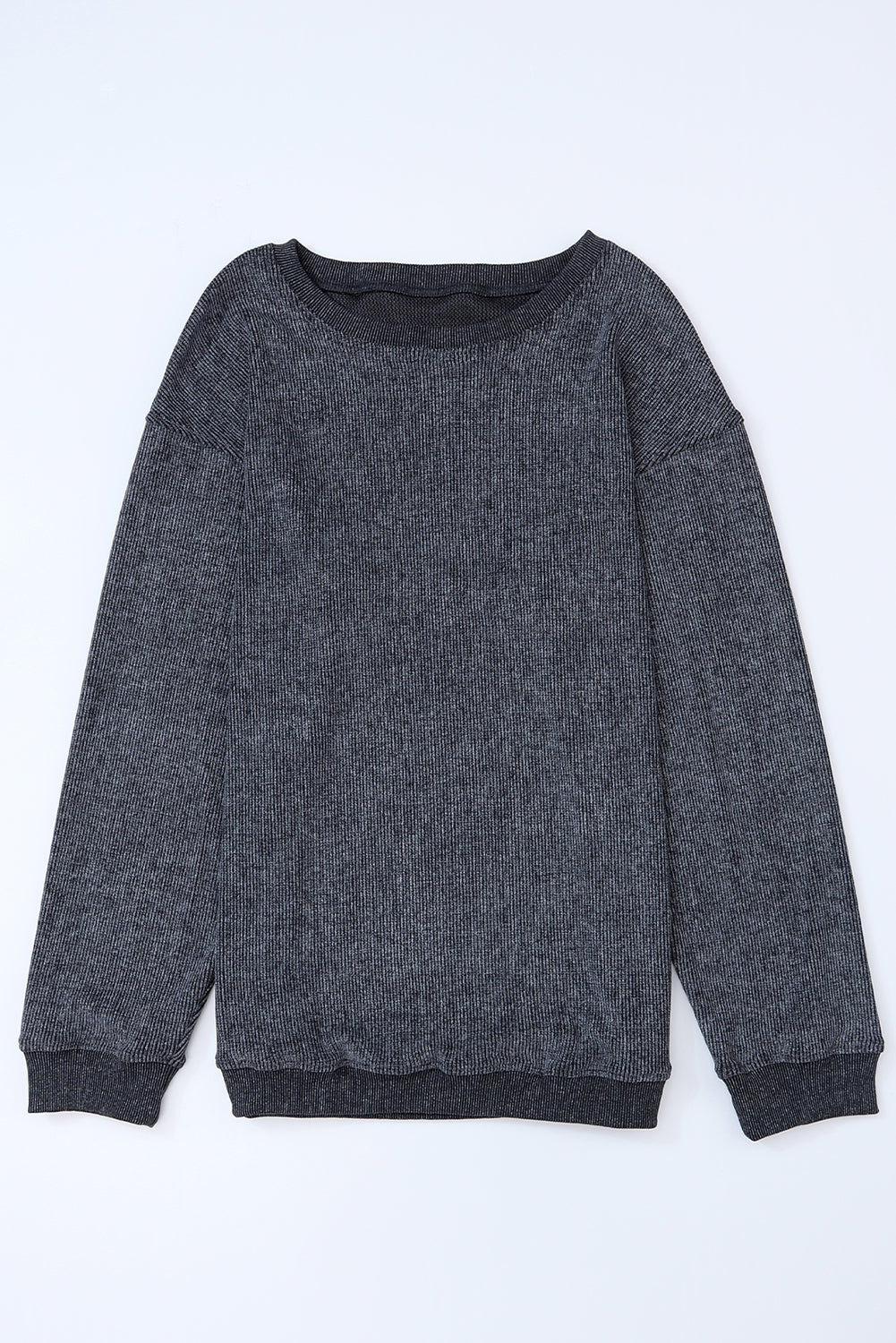 Solid Ribbed Round Neck Pullover Sweatshirt