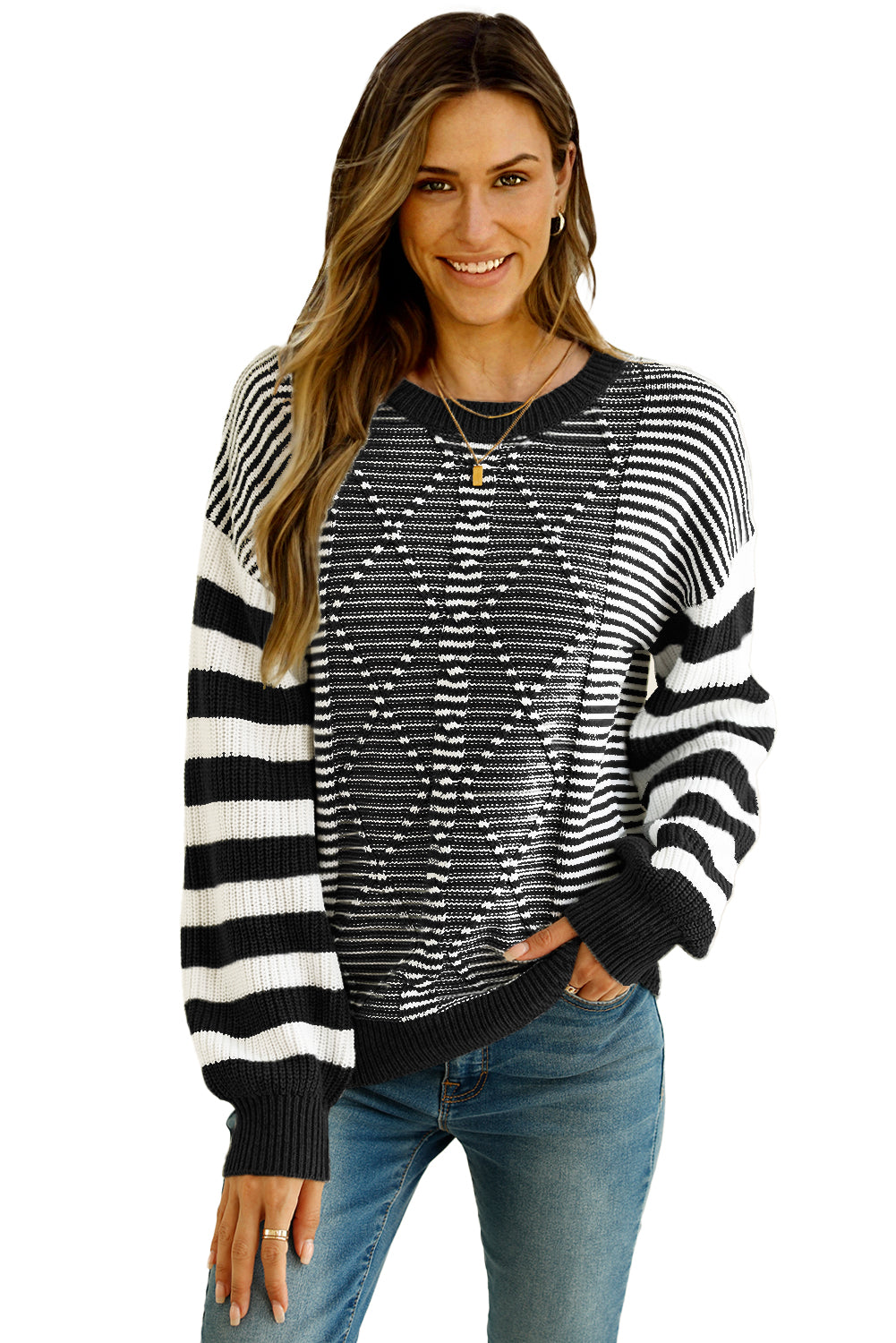 Stripe Twisted Knitted Drop Shoulder Sweater