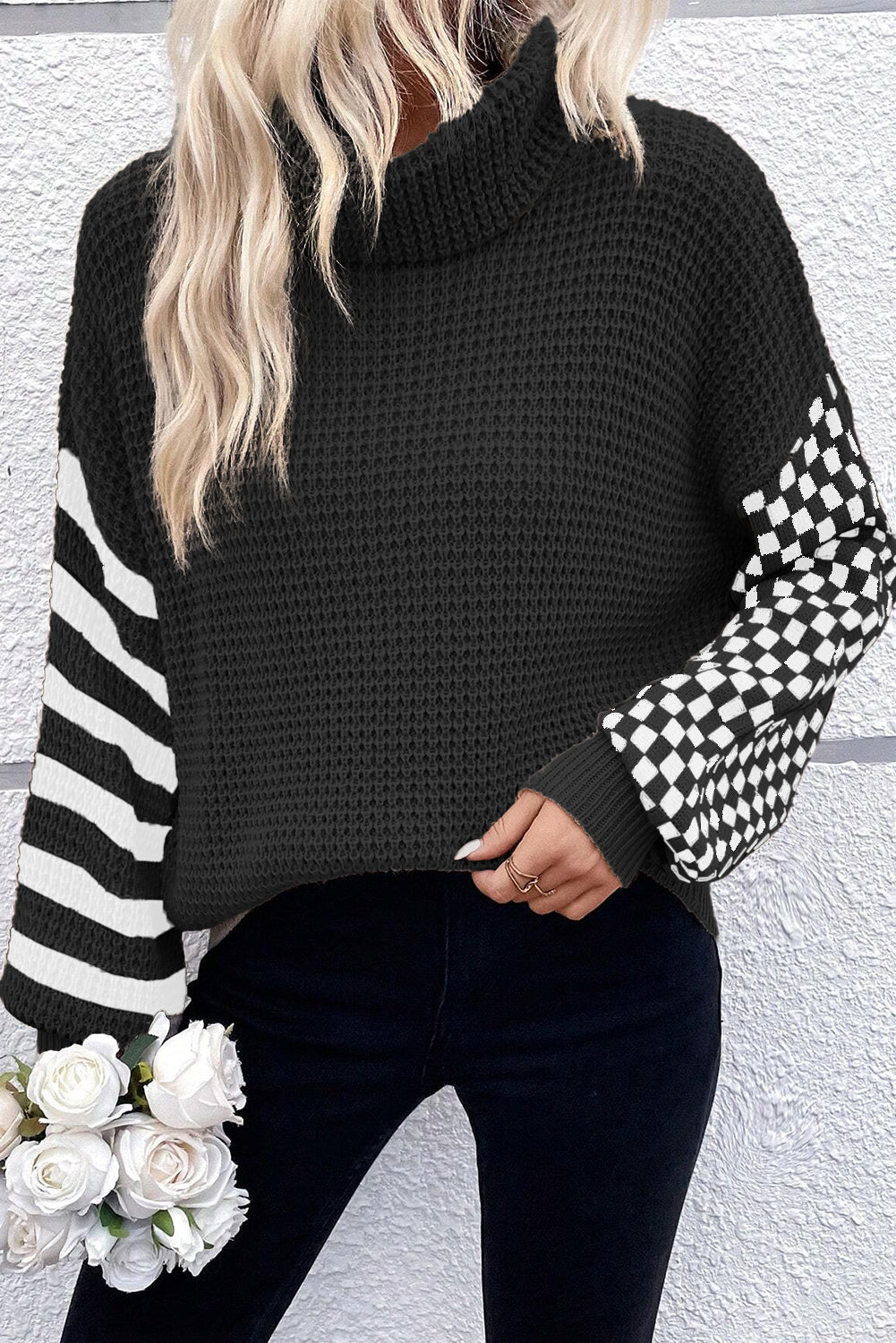 Smoke Striped Plaid Patchwork Waffle Knit Turtleneck Sweater