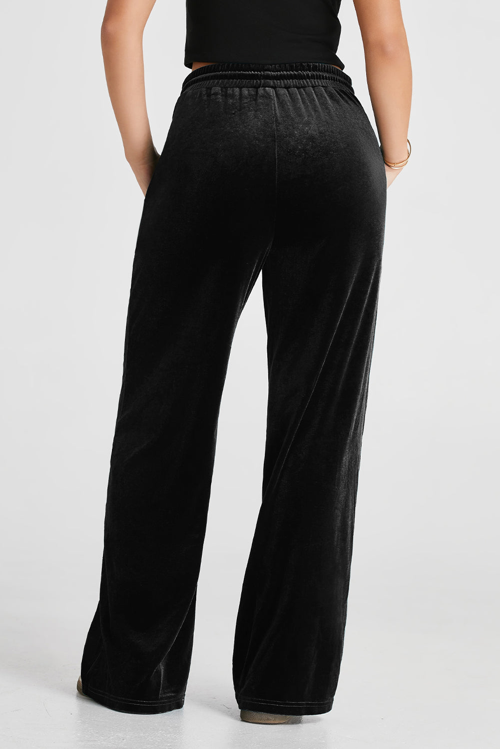 Black Solid Drawstring Waist Wide Leg Pants