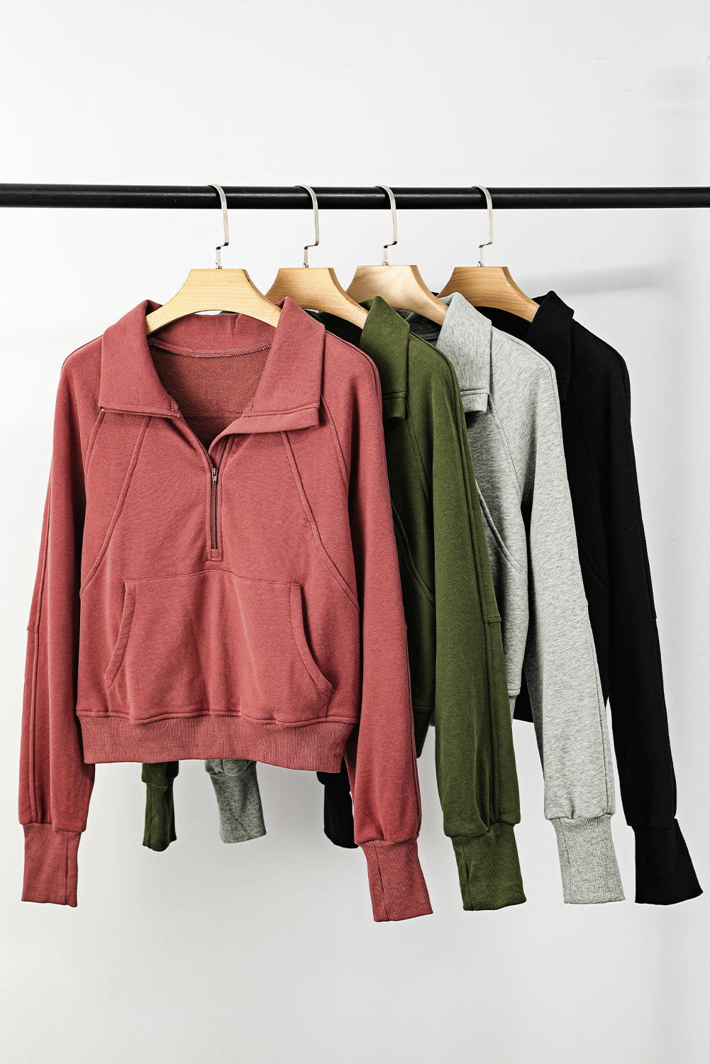 Zip Up Stand Collar Ribbed Thumbhole Sleeve Sweatshirt - 12 Colours Available