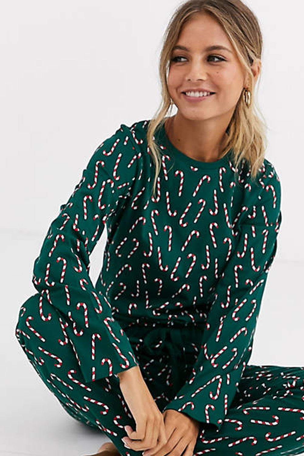 Green Christmas Candy Cane Printed Top and Pants Loungewear Set