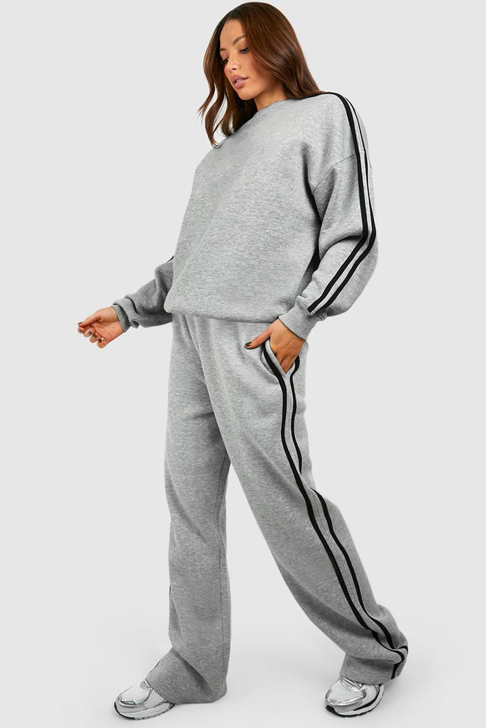 Light Grey Solid Colour Side Striped Sweatshirt Pants Set