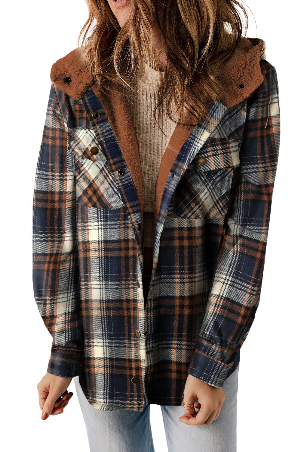 Button Sherpa Lined Hooded Flannel Jacket