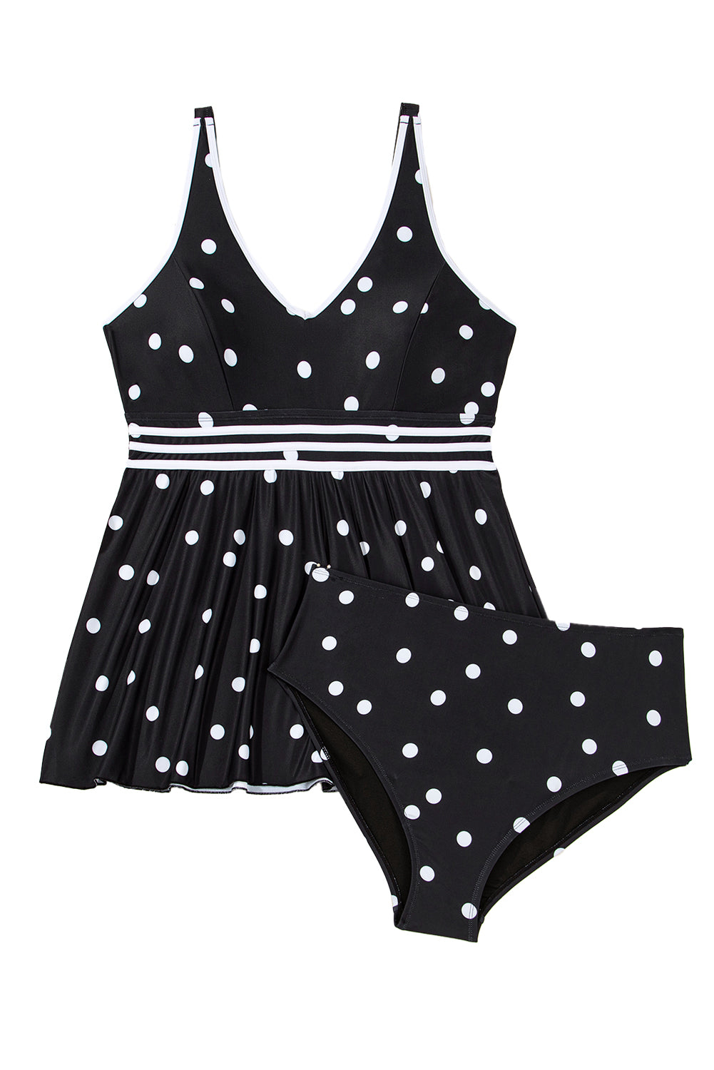 Black Polka Dot Trim V Neck Plus Size Swim Dress