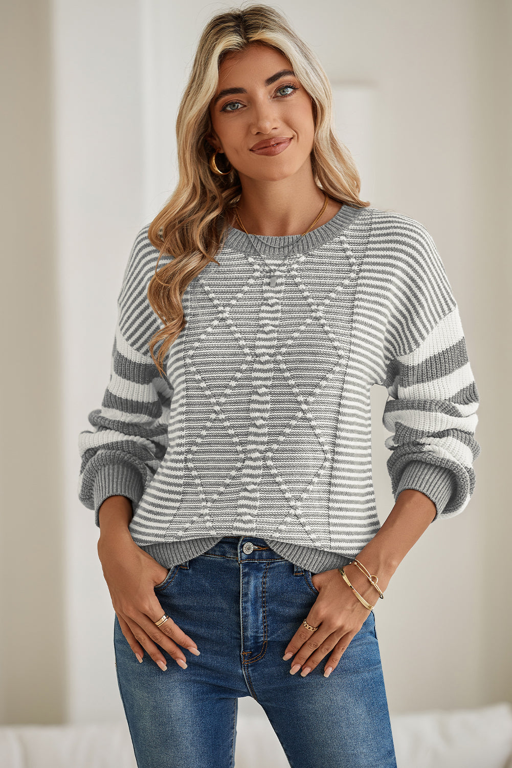 Stripe Twisted Knitted Drop Shoulder Sweater