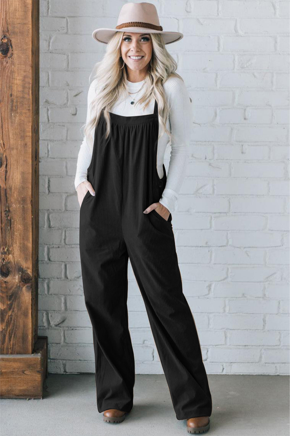 Plain Pocketed Loose Fit Corduroy Overalls