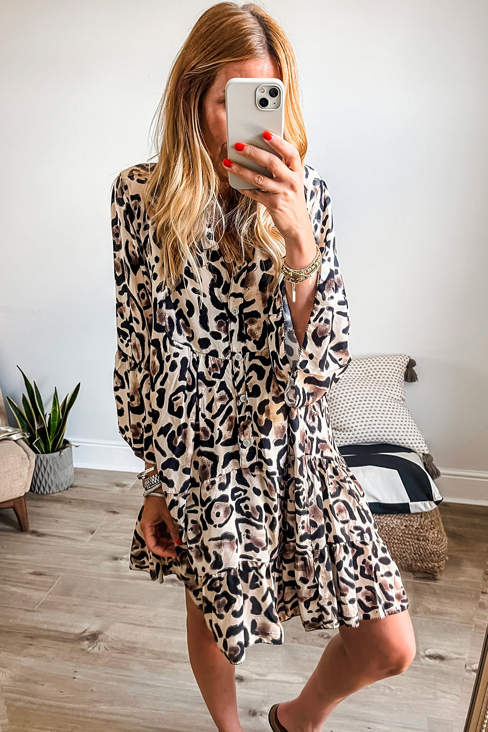 Leopard Button V Neck Flowy Mini Dress