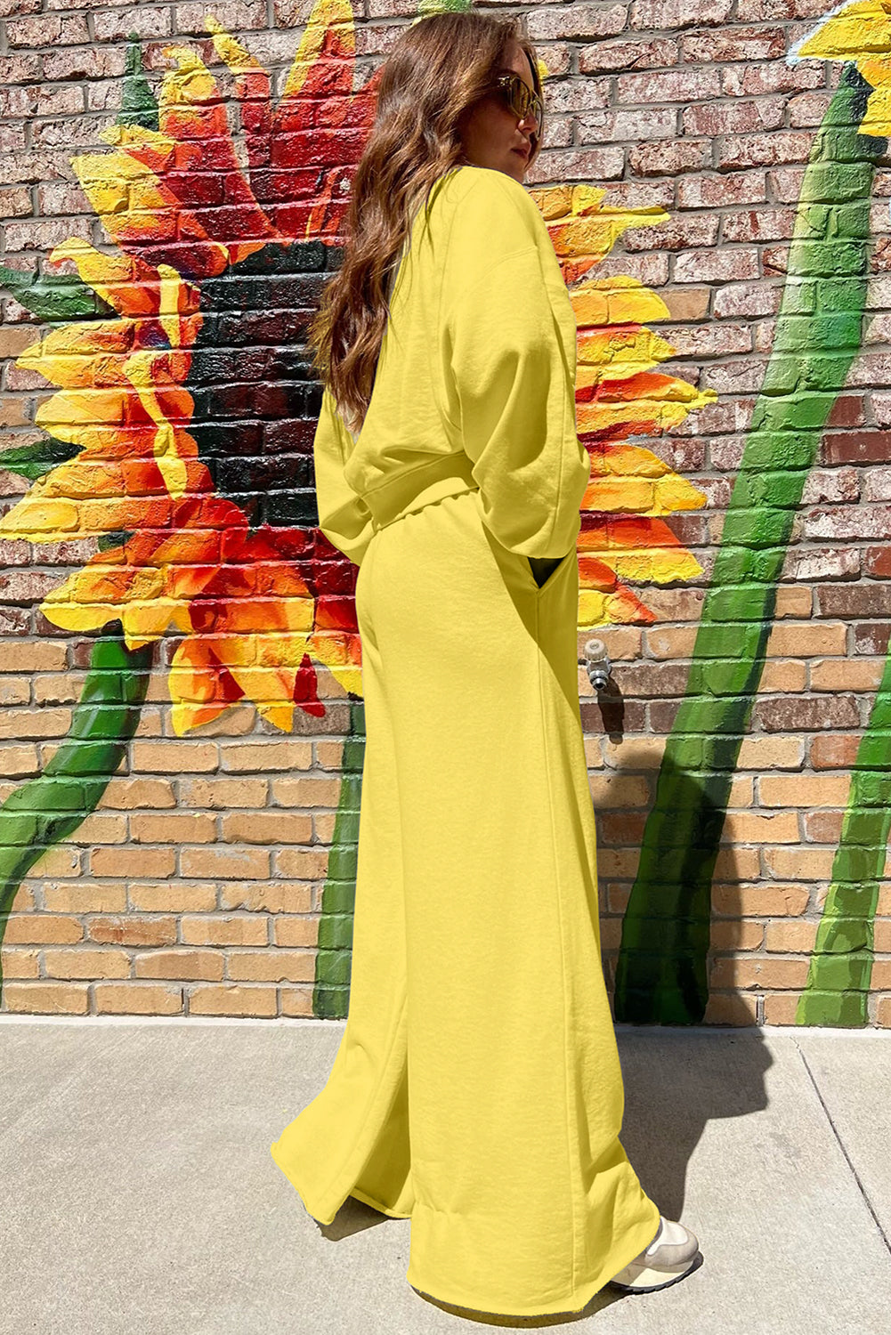 Drop Shoulder Crop Pullover Drawstring Wide Leg Trouser Set