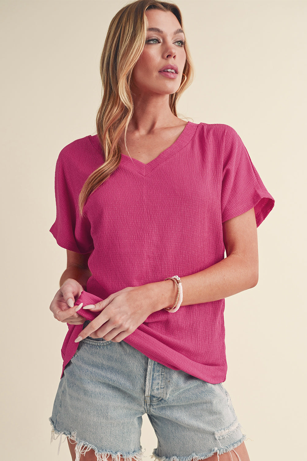 Plain Crinkled V Neck Flounce Sleeve T Shirt