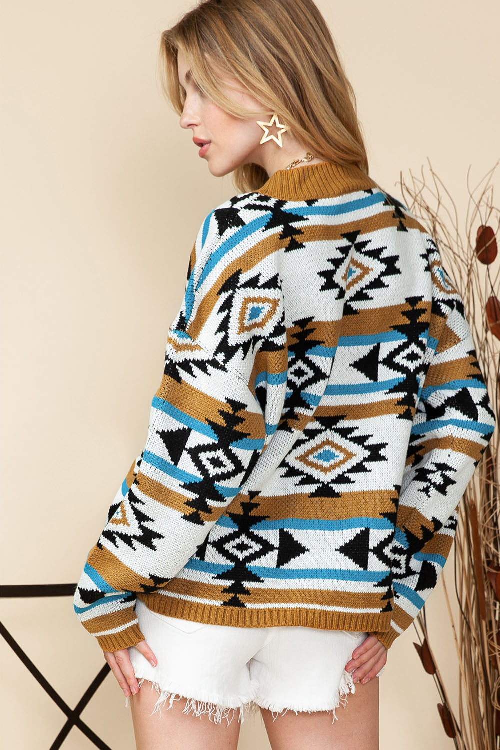 Brown Geometric Striped Knit Ribbed Trim Sweater