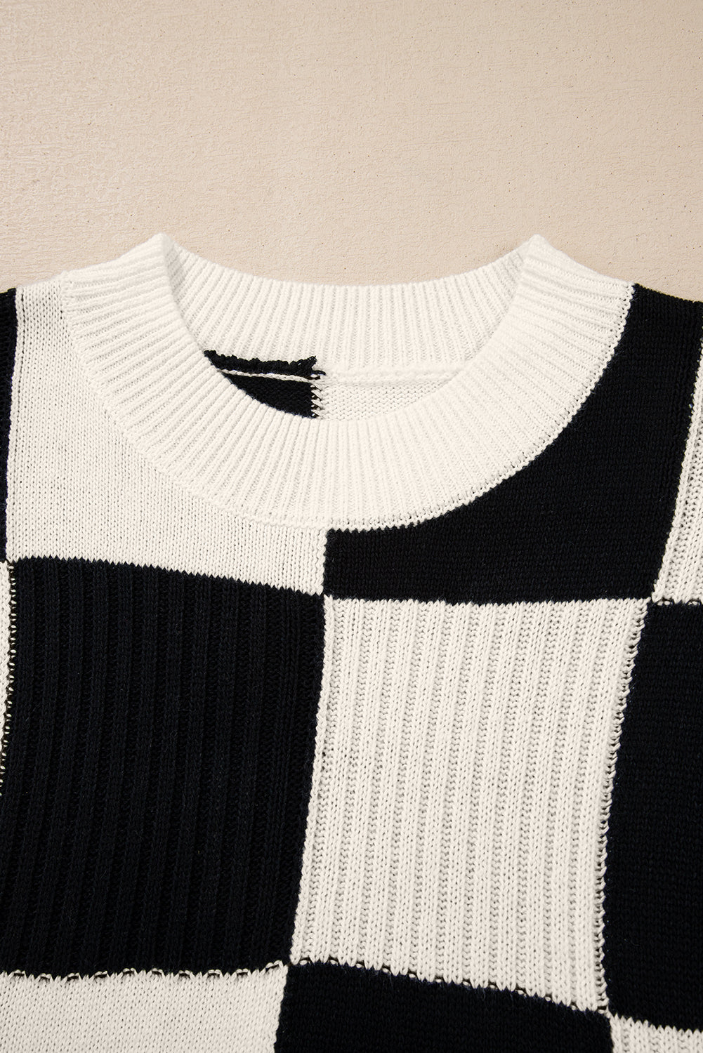 Checkered Color Block Crew Neck Short Sleeve Sweater