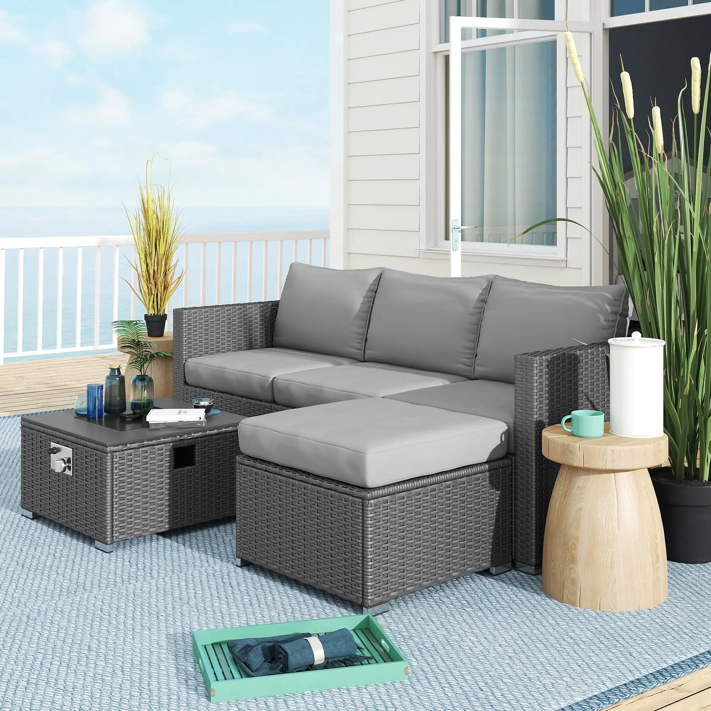 Five Piece Rattan Garden Furniture Set with Gas Fire Pit Table and Footstool - Grey