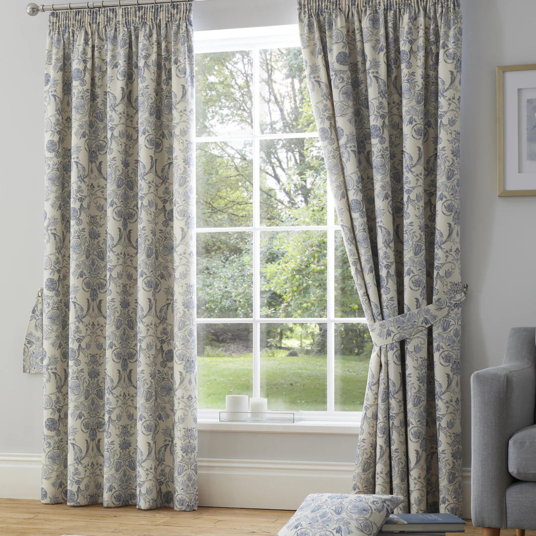 Averie Pair of Pencil Pleat Curtains With Tie-Backs by Dreams & Drapes Design in Blue